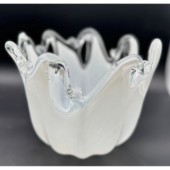 Handmade Italian White Cristal Art Glass Bowl With Waved Rim Design 9"D x 7"H - Picture 2 of 7